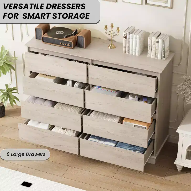 8 Drawer Dressers for Bedroom, Chest of Drawers with Deep Drawers, Large Double Dresser for Closet with Wide Top, Horizontal Wooden Dresser