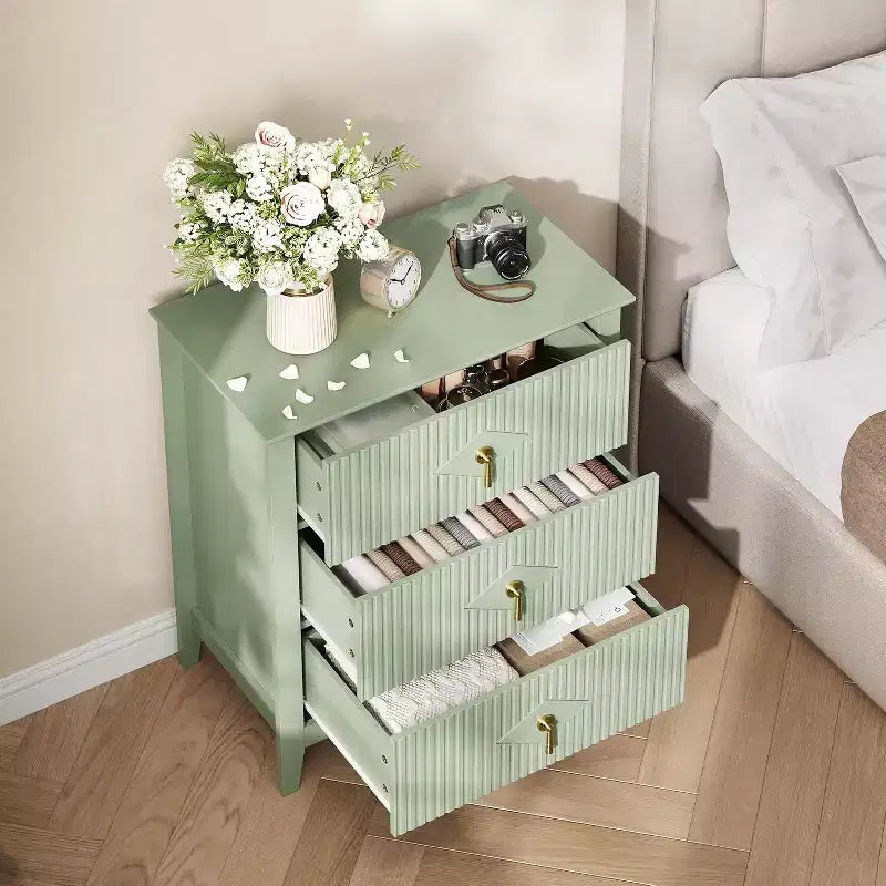 2Pcs Fluted Wood Nightstands, 27.5 Wide 3-Drawer Dresser Set, Modern Bedside Tables, Chest of Drawers for Bedroom, Living Room