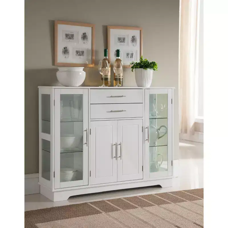 4-Door Kitchen Storage Buffet Display Cabinet with Glass Doors, White