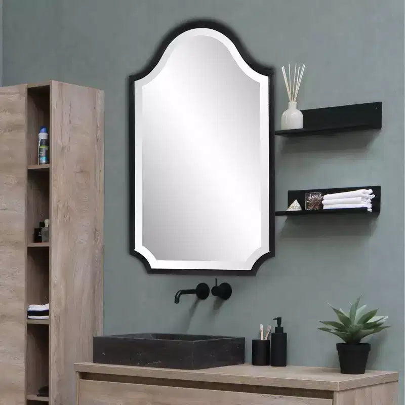 Howard Elliott Brushed Black Stainless Steel Framed Shield Mirror: Arched Top, Wall Mount, Modern Decor