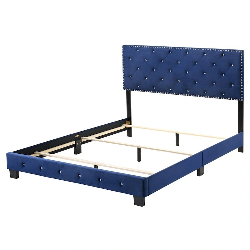 Velvet Tufted Faux Jewel Upholstered Full Panel Bed - Blue