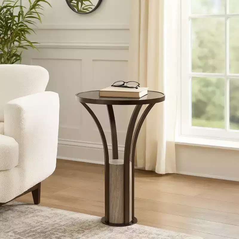 Home Decor End Table, Side Table, or Night Stand - Sleek Marble Top with Cylindrical Stone Pedestal for Big or Small Spaces - 24 Bronze & Copper