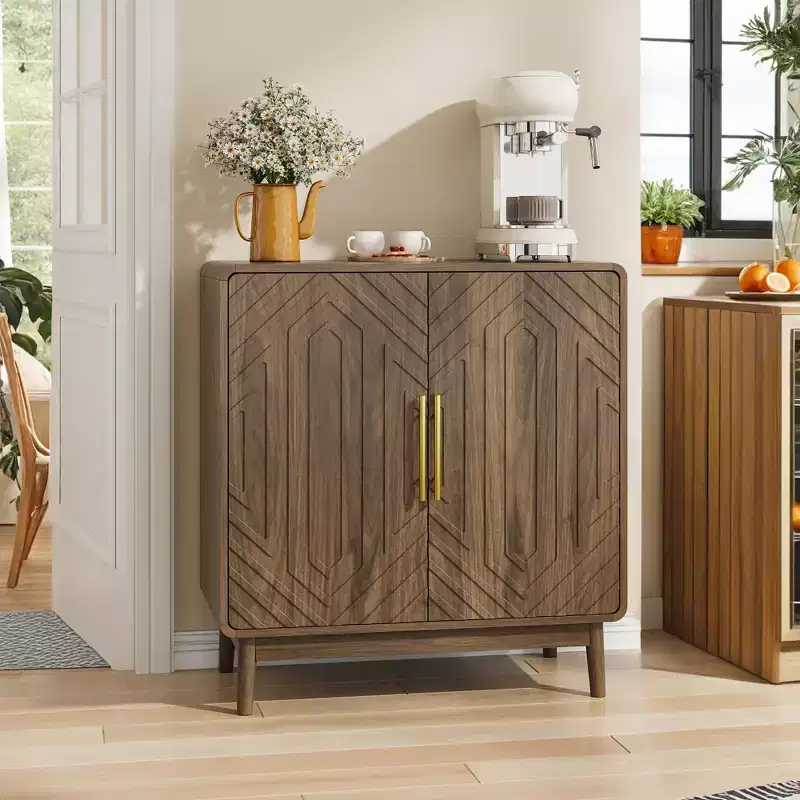 Sideboard Buffet Cabinet with Adjustable Shelf, Entryway Console Table with 6 Wooden Hangers