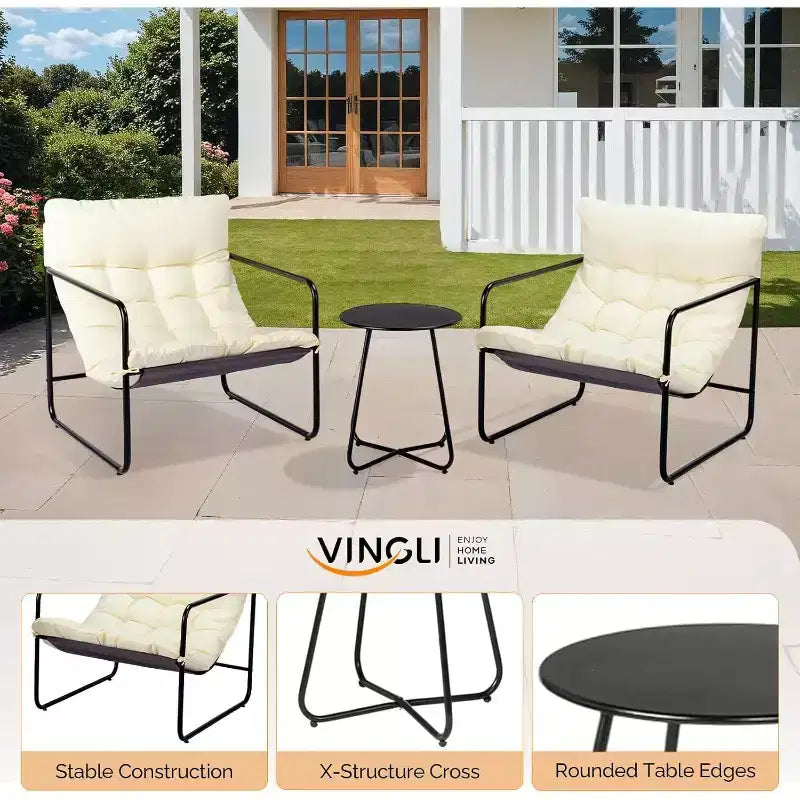 VINGLI 3 - Piece Patio Chair Set with Side Table, Outdoor/Indoor Chairs with Thick Cushions, Heavy Duty 400 LBS Capacity, White