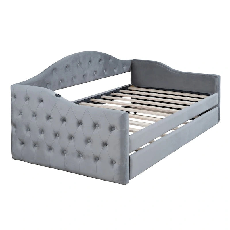 Twin Size Tufted Upholstered Daybed with Trundle �C Velvet Sofa Bed with USB & Type-C Charging Ports, No Box Spring Needed