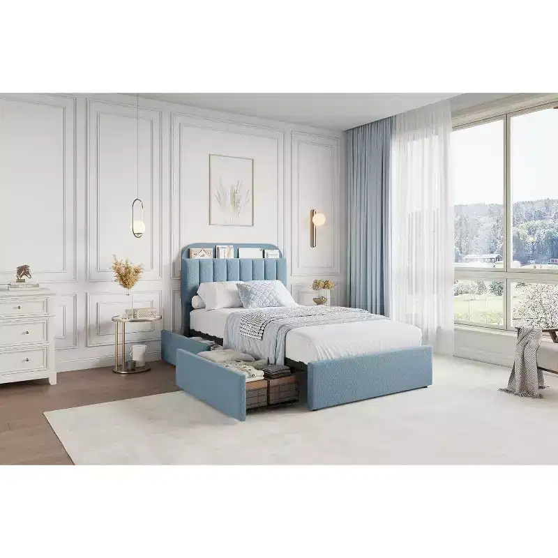 Twin/Twin XL Bed Frame with Storage Drawers, Boucle Upholstered Platform Bed