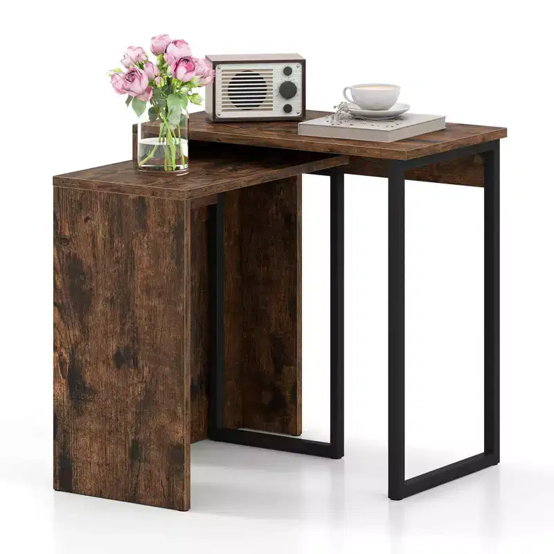 Costway Set of 2,Nesting Coffee Table 2-in-1 Faux Wood Top Sofa Side Table Rustic Brown