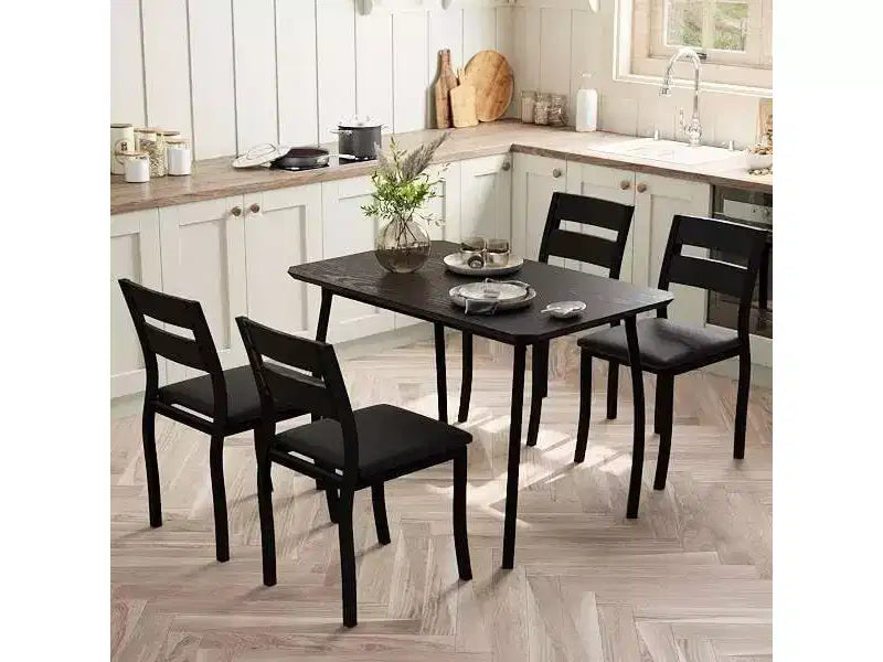Dining Table Set for 4, Wood Kitchen Table with 4 Upholstered Chairs, Space-Saving Dining Set with Chamfer Design for Small Kitchen or Apartment