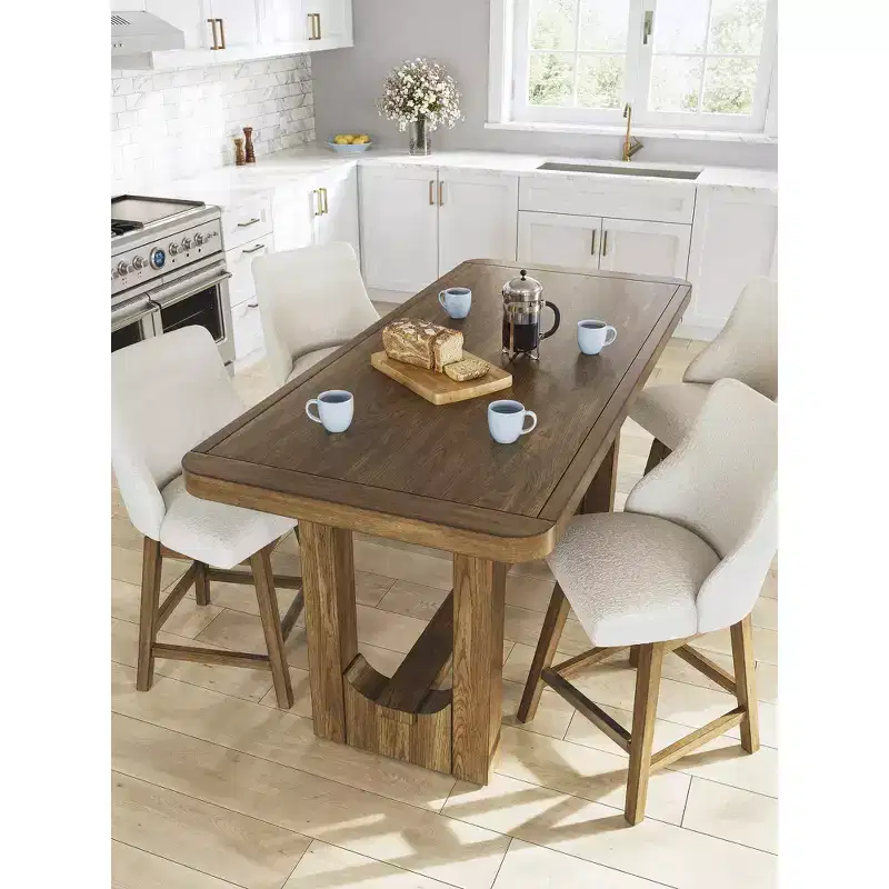 Signature Design by Ashley Cabalynn Counter Height Upholstered Swivel Barstools, Set of 2, Light Brown Frame with Cushioned Oatmeal Seat