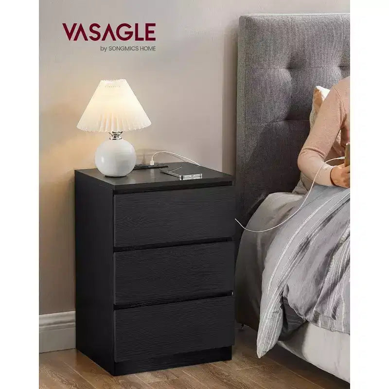VASAGLE Nightstand with Charging Station, Bedside Table, Side End Table with 3 Drawers, 2 AC Outlets, 2 USB Ports, Beveled Drawer Fronts