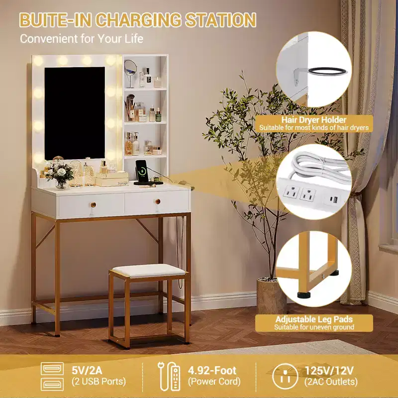 Makeup Vanity Desk with LED Mirror and Charging Station, Dressing Table with 3 Light Modes, Storage Drawers, Shelves and Stool for Bedroom, White