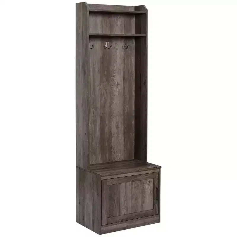 Rustic Hall Tree with Shoe Storage Bench – Coat Rack, 6 Hooks, Storage Shelves