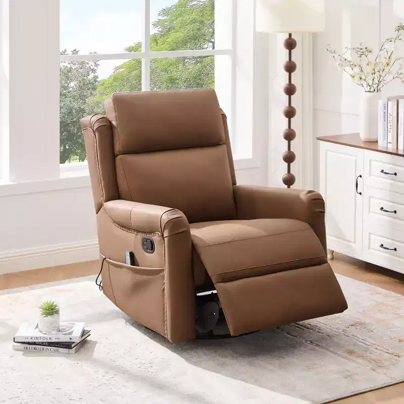 Modern PU Leather Manual Recliner Chair, Swivel Rocker Recliner Chair with 8-Point Massage for Living Room and Home Theater-Panipeachy