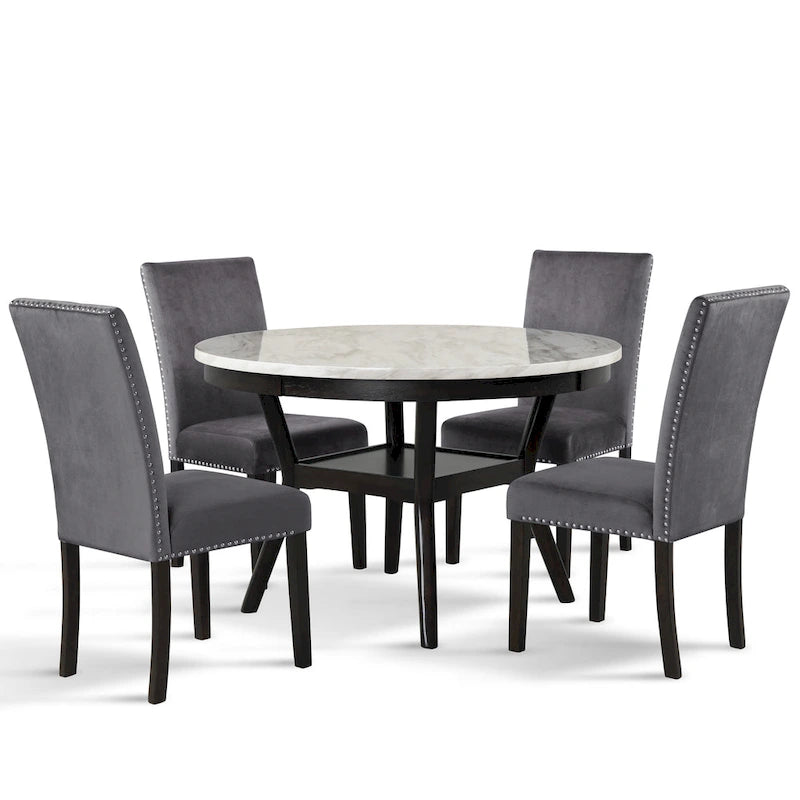 Round Dining Table with Faux Marble Top and Lower Shelf