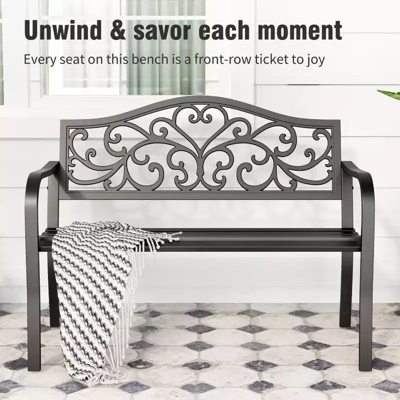 Captiva Designs 2-Person Outdoor Garden Bench, Cast Steel Park Bench with Decorative Backrest for Patio & Garden