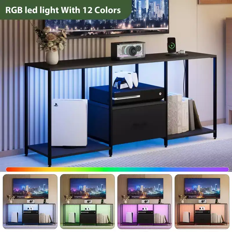 COZONY Metal and Fabric TV Stand, Modern Entertainment Center with Open Shelves & Drawer