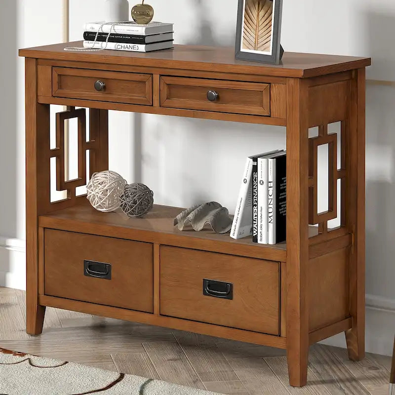 36 in. Farmhouse Pine Wood Console Table with 4 Drawers and Open Shelf