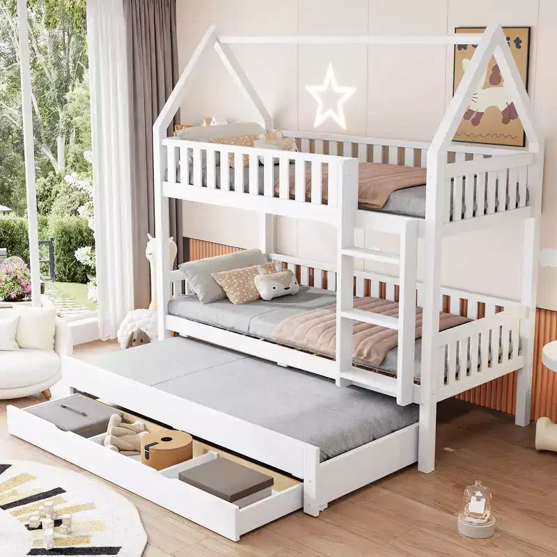 Whisen Twin over Twin House Bunk Bed Bed Frame with Fence, Trundle and Three Storage Drawers - White