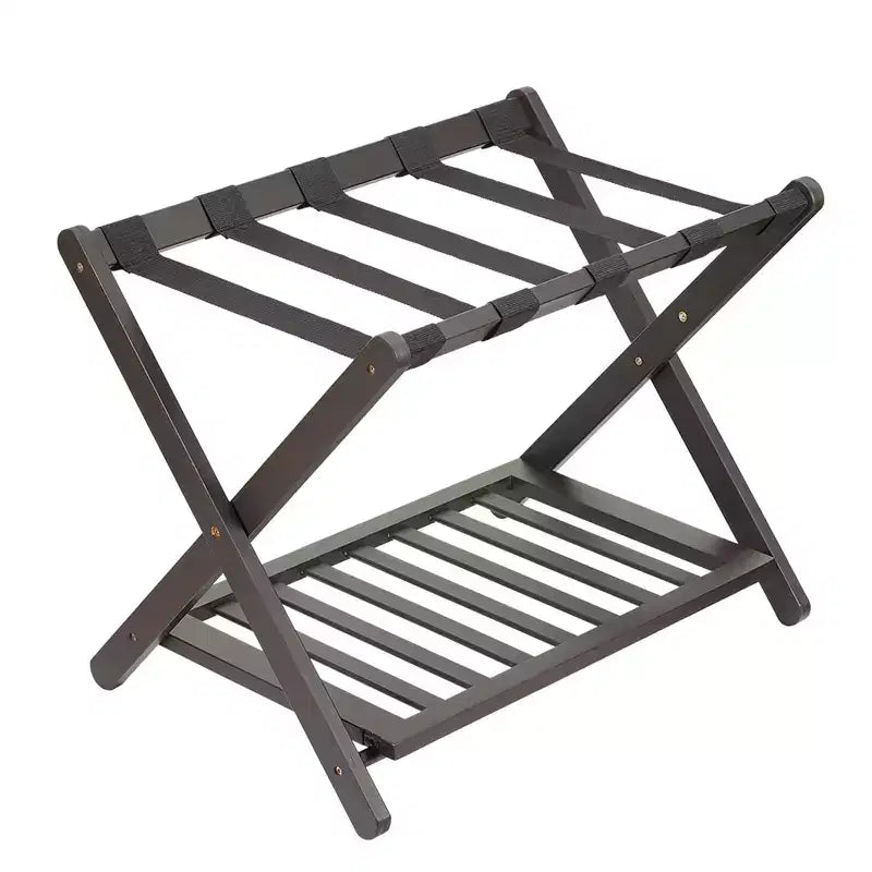 Folding Bamboo Luggage Rack with Storage Shelf 5 Durable Nylon Straps Holds 150 lbs Space-Saving Stand for Bedroom Guest Room Hotel