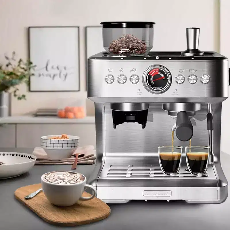 GustoWave Stainless Steel Semi Automatic Espresso Machine with Grinder, Milk Frother & 20 Bar Pump Pressure