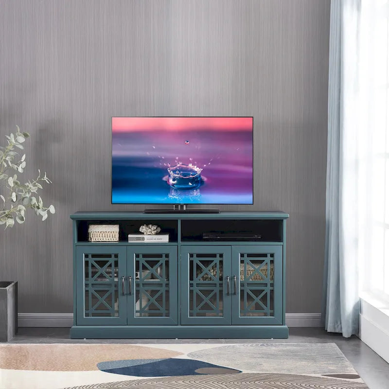 Dark Teal Buffet Sideboard Console Table with Glass Doors and Storage