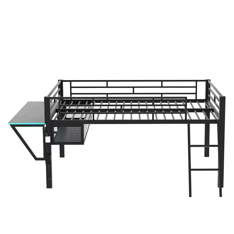 Whisen 92.8''L x 41.7''W Gaming Style Black Metal Loft Bed with Built in Desk, Ladder and Shelf