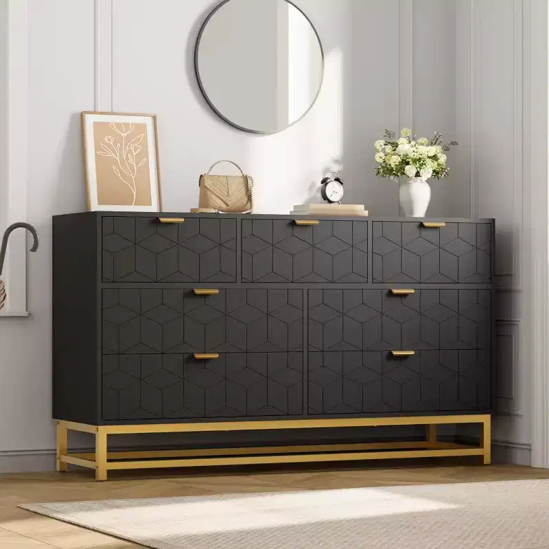 Dresser Bedroom 53.5 Wide Dresser Organizer 7 Drawer w/Golden Metal Handle,Legs