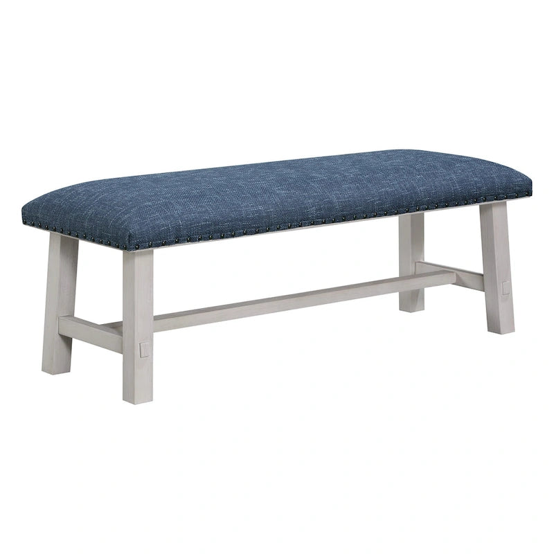 Bench with White Wash Frame and Antique Bronze Nailhead Trim in Navy Fabric