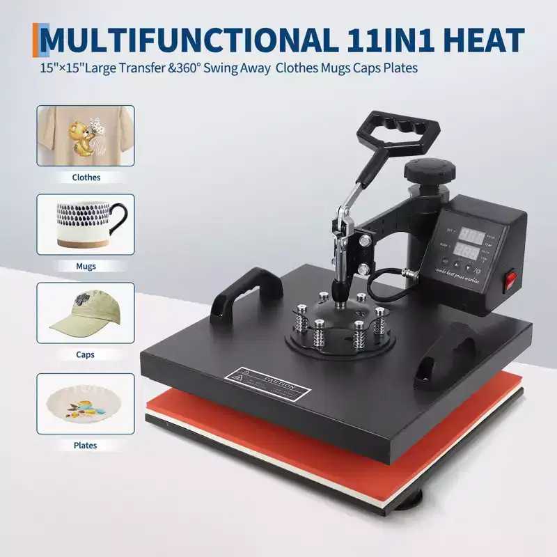 Heat Press Machine 15x15 with Tumbler Attachment, 11 in 1 Combo Heat Press for T-Shirts and Tumblers