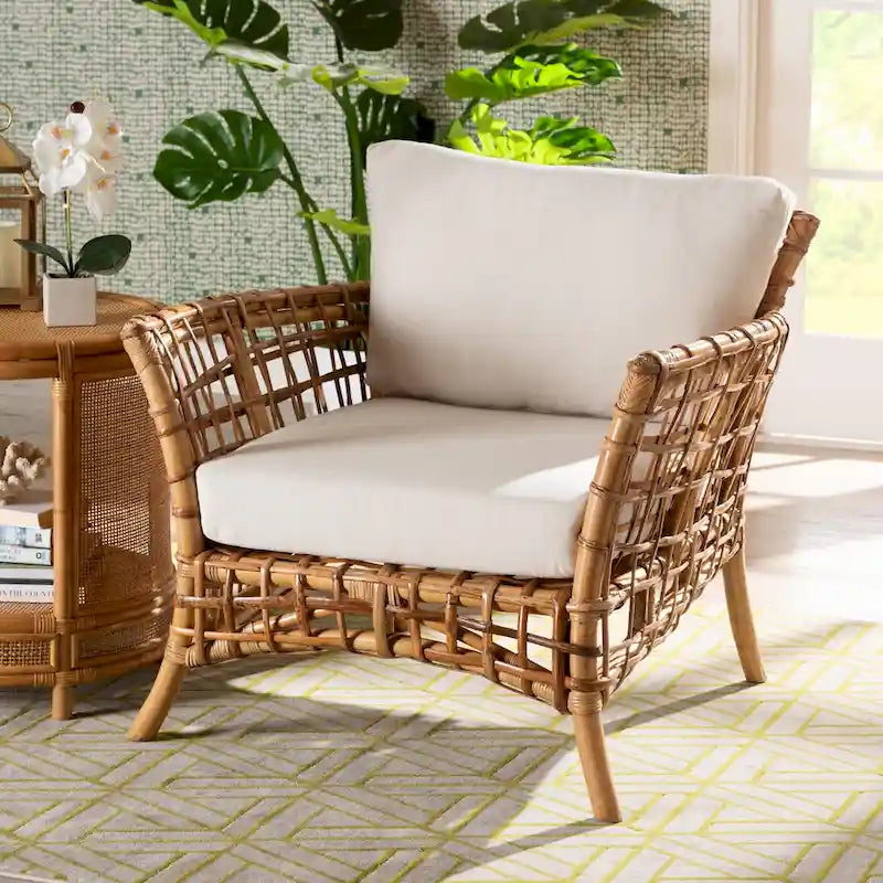 Modern Bohemian Natural Brown Rattan Arm Chair