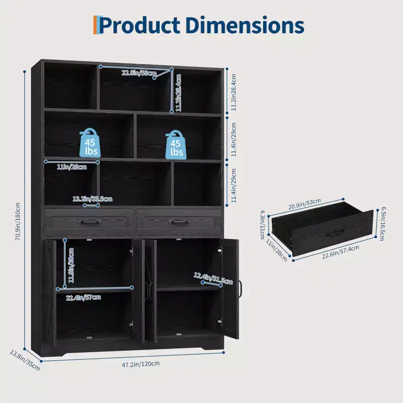 71in Tall Bookcase with 2 Drawers & 4 Doors, 6-Tier 47in Wide Large Modern Bookshelf Storage Cabinet with Shelves for Home Living Room Office