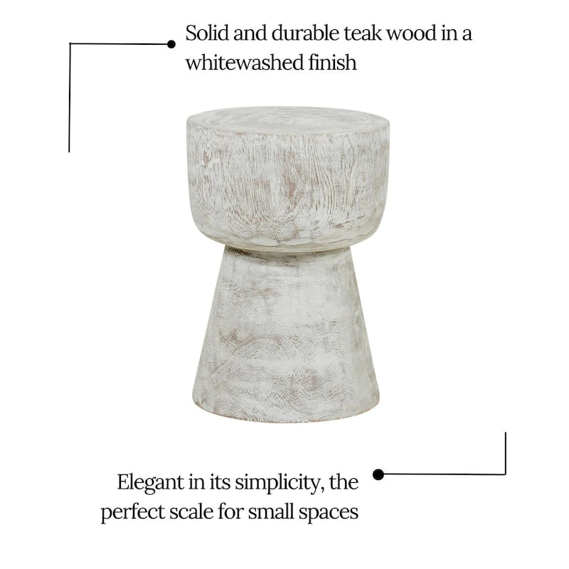 Round Whitewash Solid Teak Wood Pedestal Accent Table