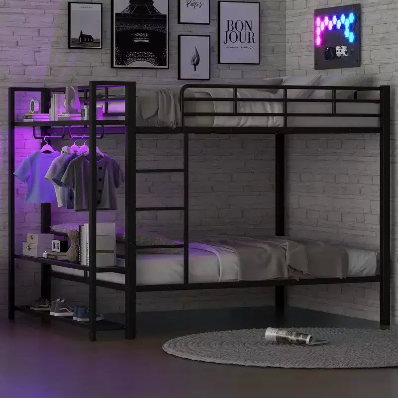 Full Size Metal Bunk Bed with LED Light Strips, Open Storage Shelves and Hooks