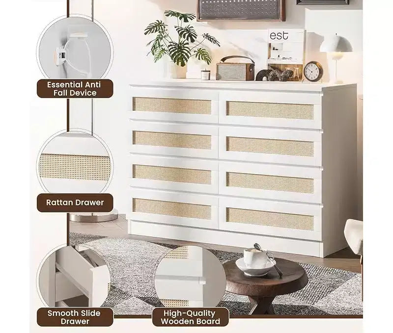 8-Drawer Rattan Dresser with Wide Tabletop