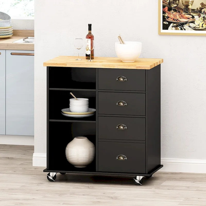 Black Rolling Kitchen Island Cart with Rubberwood Top 4 Drawers and 3 Open Shelves