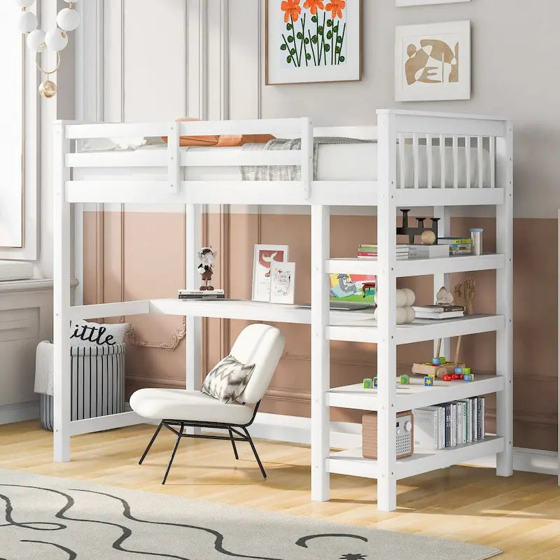 Twin Loft Bed with Under-Bed Desk & Storage Shelves | Solid Pine Wood | 250 lb Capacity