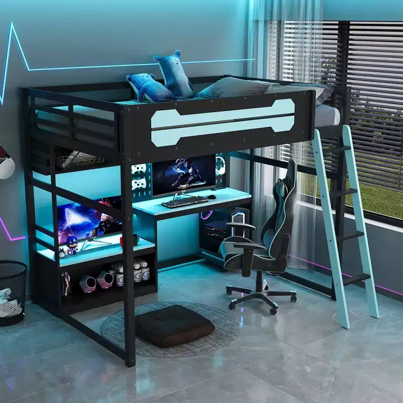 GDF Studio Monroe Wood Loft Bed with Desk, Shelves, LED Lights, USB Ports and Pegboard