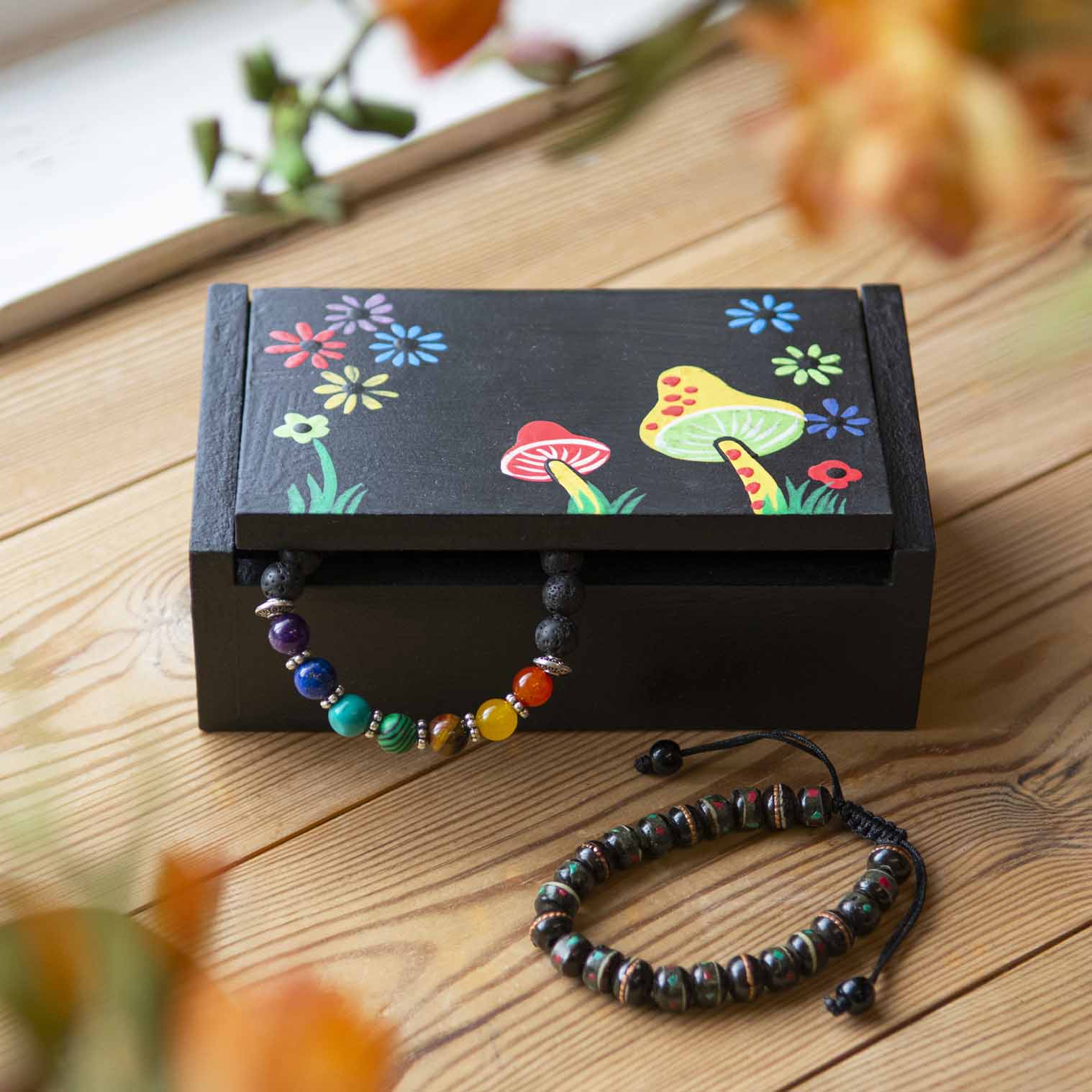 Black Wood Box with Mushroom and Flower Painting