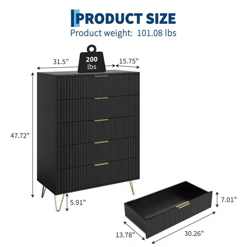 5 Drawer Dresser for Bedroom, 31.5W Wooden Chest of Drawers, Fluted Clothes Storage Organizer, Dresser Narrow Nightstand for Living Room