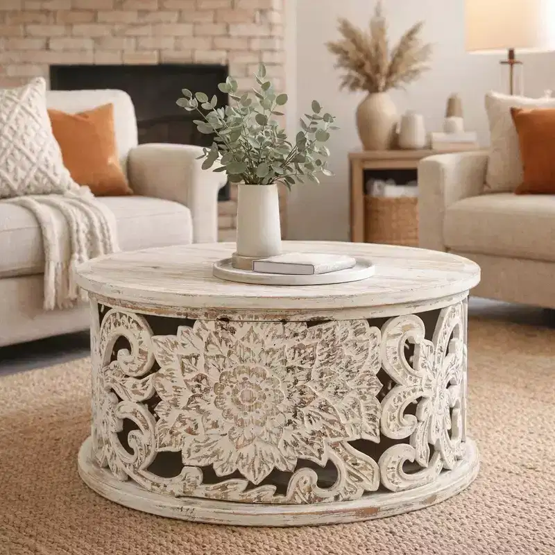 Coffee Table Handcrafted Mango Wood Floral Carved Cut Out Design Distressed White Finish 33 Inch