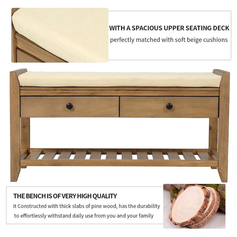 Wooden Storage Bench with Shoe Rack and Drawers