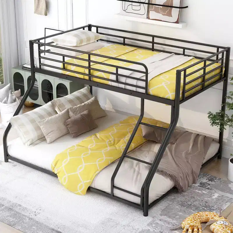 Okak Twin XL over Queen Metal Floor Bunk Bed Low Loft Bunk Bed with Ladder & Safety Guardrail for Kids Teens, Easy Assemble, Black