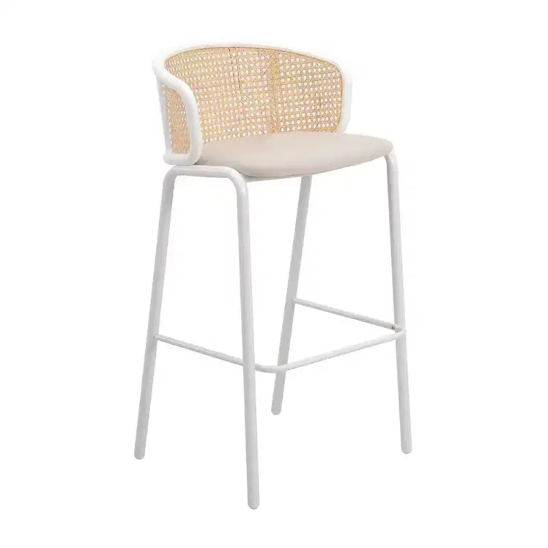 Wicker Bar Stool with Fabric Seat and White Steel Frame, Indoor Kitchen, Home Bar, Counter, Island, Modern Dining Room Seating