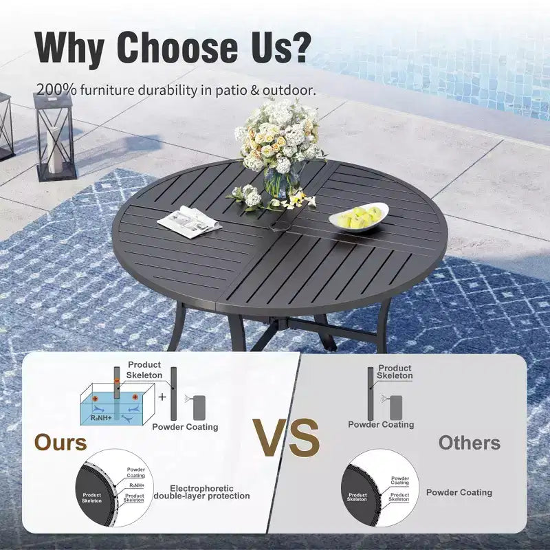 Captiva Designs 7pc Outdoor Patio Black Steel Dining Table with Umbrella Hole & Cushioned Armrest Rattan Chairs