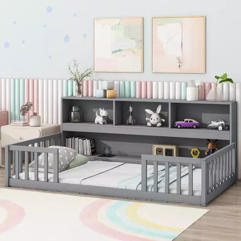 Twin Floor Bed with Bookcase, Shelves, and Guardrails - Gray