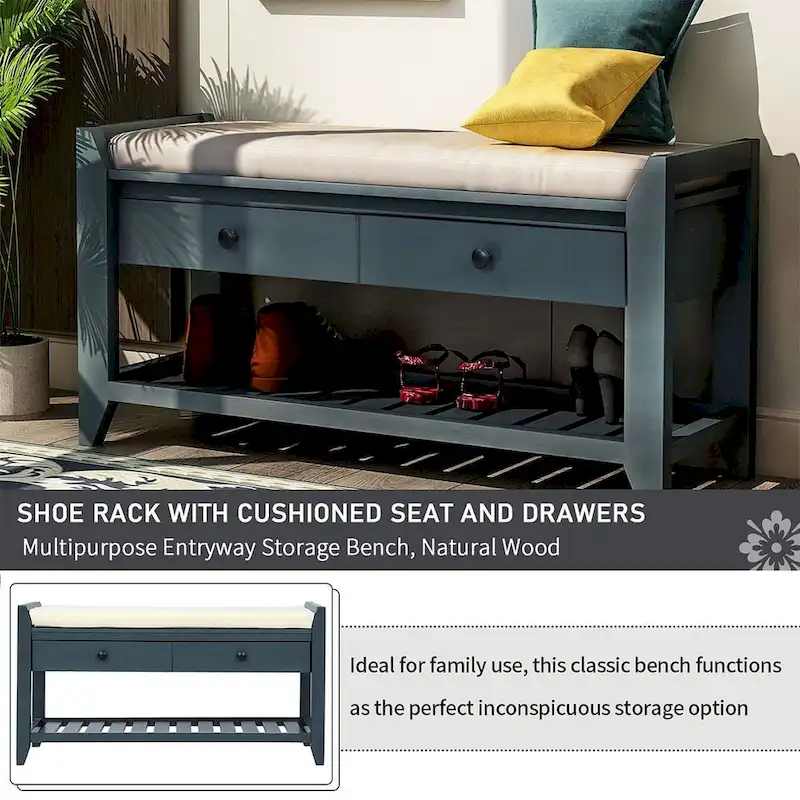 Wooden Storage Bench with Shoe Rack and Drawers