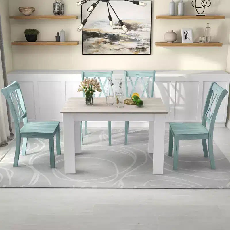 Costway 5 PCS Dining Set Modern Rectangle Table & 4 Rubber Wood Chairs Kitchen Breakfast