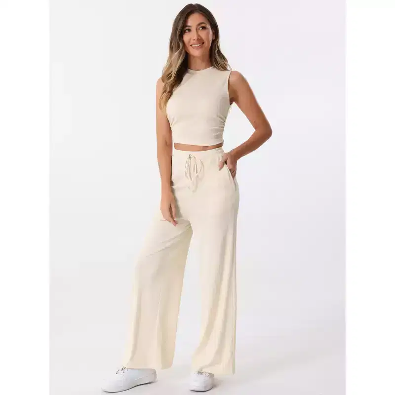 Allegra K Women's 2 Piece Crew Neck Sleeveless Crop Tank and Wide Leg Pants Summer Lounge Set
