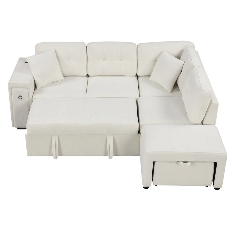 L-Shaped 4-Seat Sectional Sofa with Pull-Out Bed, Ottoman, USB Ports & Drop-Down Table