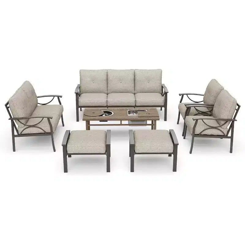 Heynemo Outdoor Patio Furniture Set, 7 Piece Patio Seating Set with Fire Table and Ottomans, Metal Furniture Set for Porch Backyard Garden